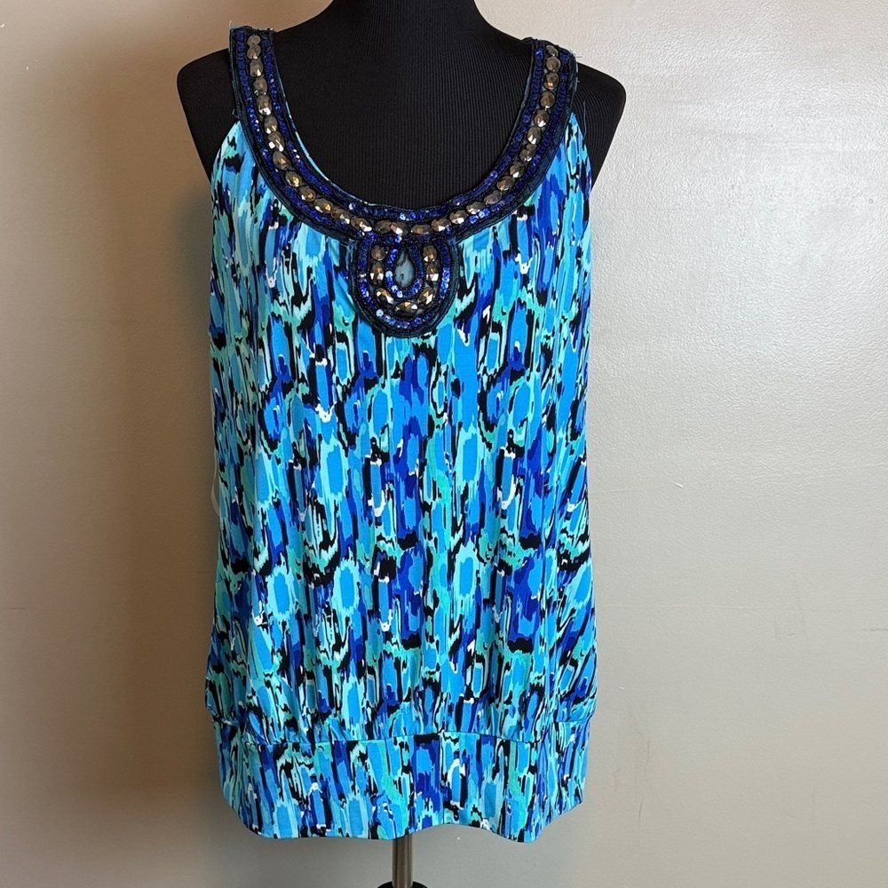 Fashion Bug Blue & Black Abstract Print Sleeveless Top w Beaded Scoop Neckline